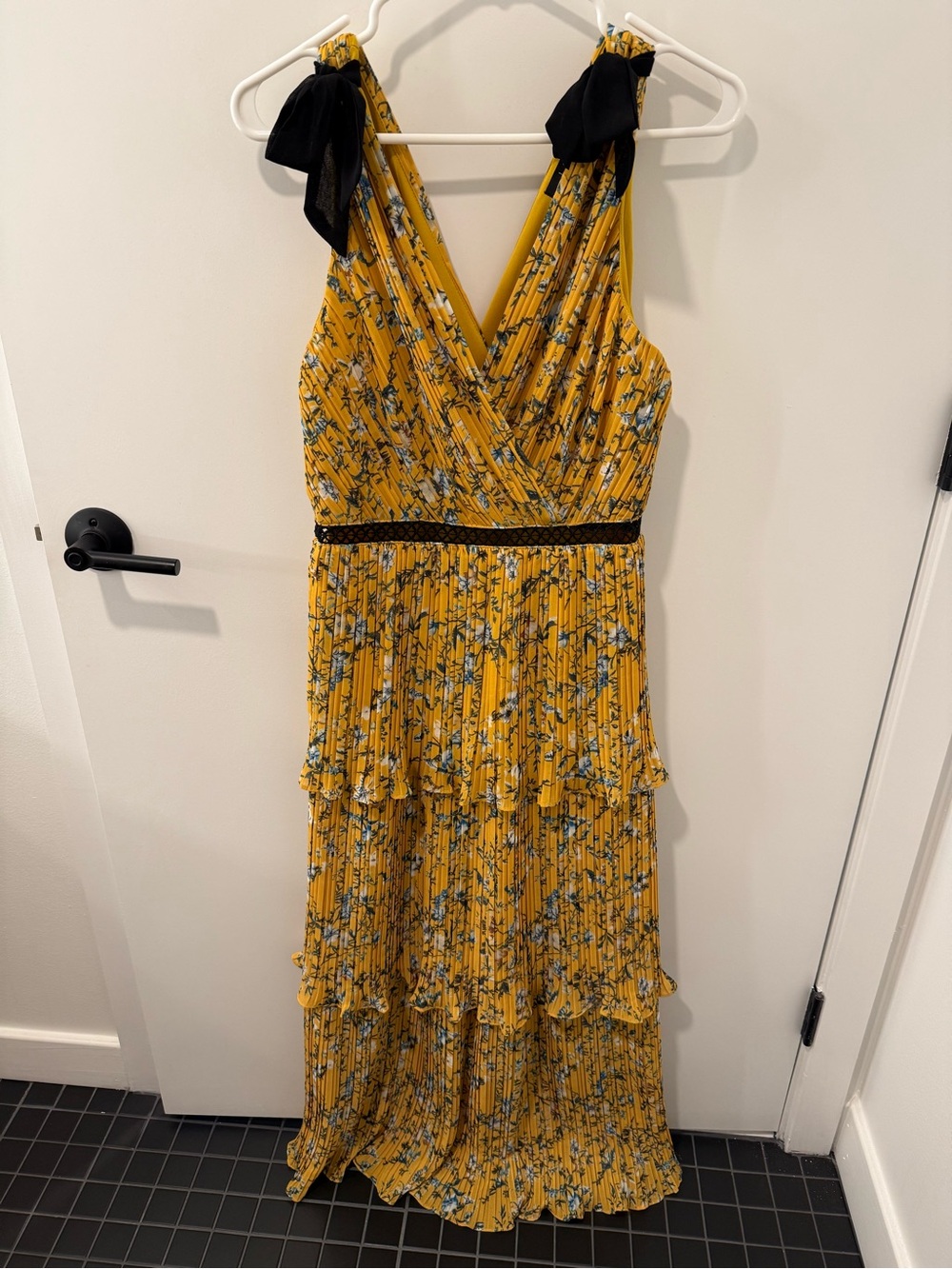Lulu's Yellow Floral Midi Dress with Black Tie Straps